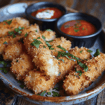 Served Chicken Cheese Fingers with a garnish and dipping sauces