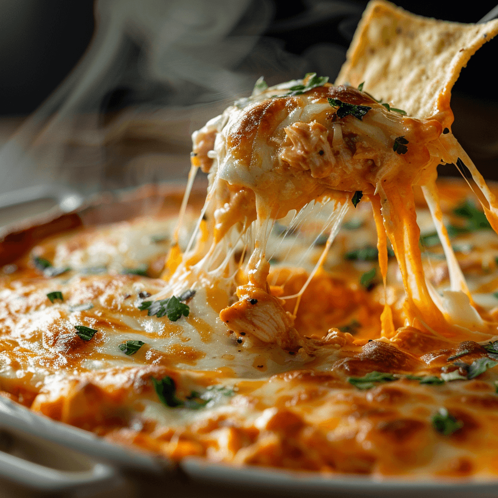 Delicious and creamy buffalo chicken dip in a baking dish, garnished with green onions and surrounded by tortilla chips.