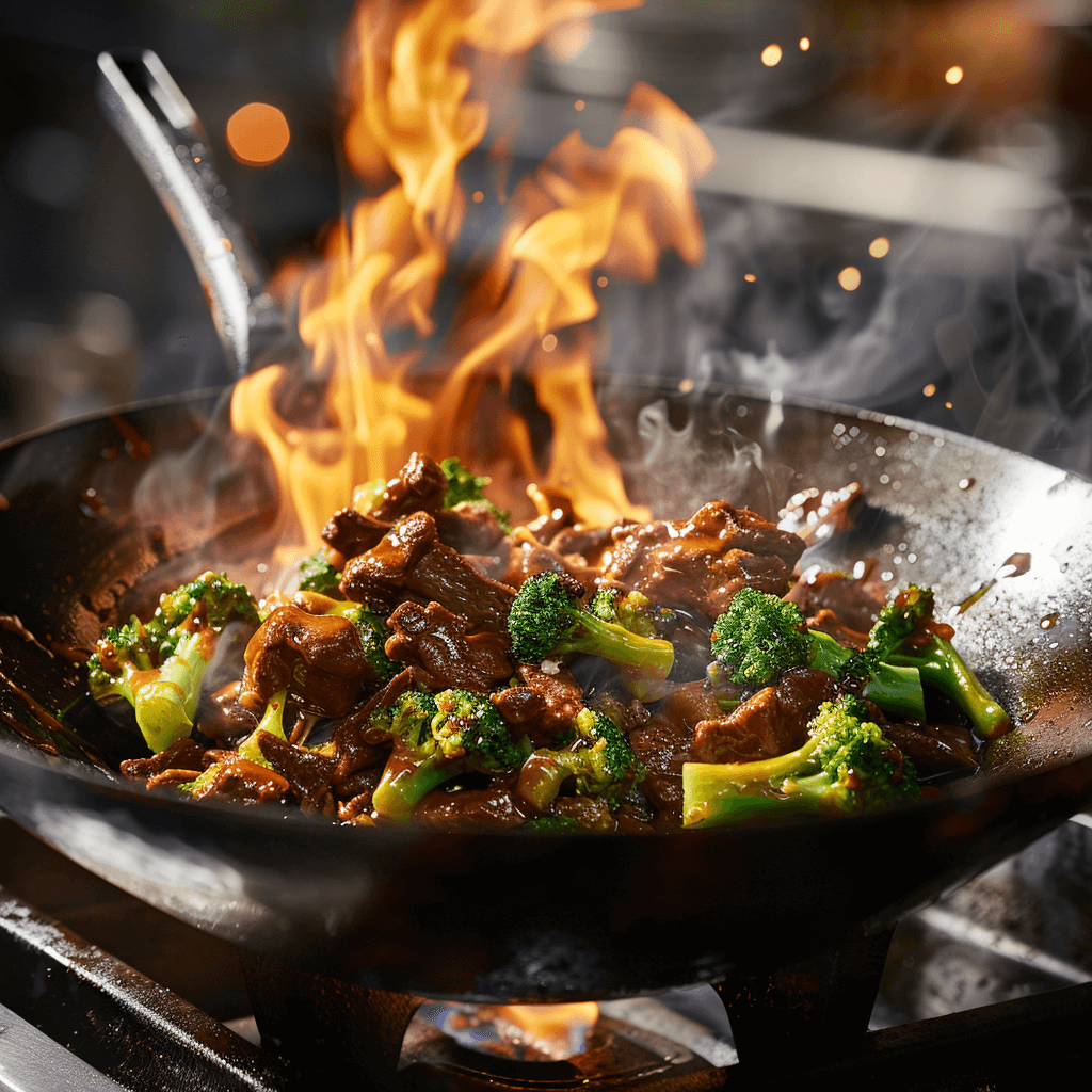 Chef stir-frying beef and broccoli in a hot wok