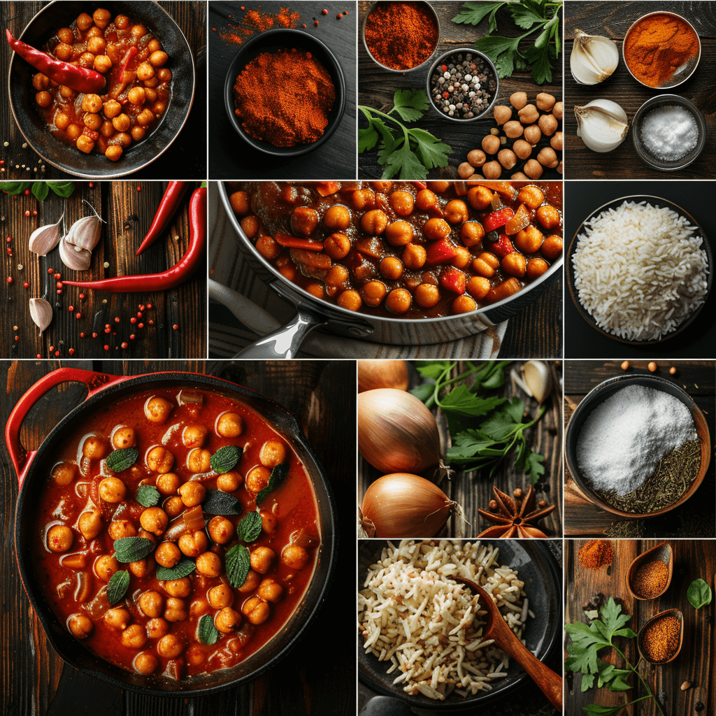 Collage of key steps in making Spicy Chickpea Curry, from chopping ingredients to simmering the curry.