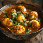 A bowl of Egg Masala Curry with vibrant spices, tender boiled eggs, and a sprinkle of fresh coriander