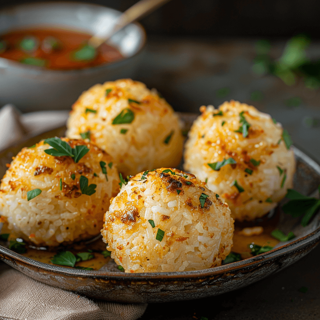 Close-up of golden, crispy Cheesy Rice Balls