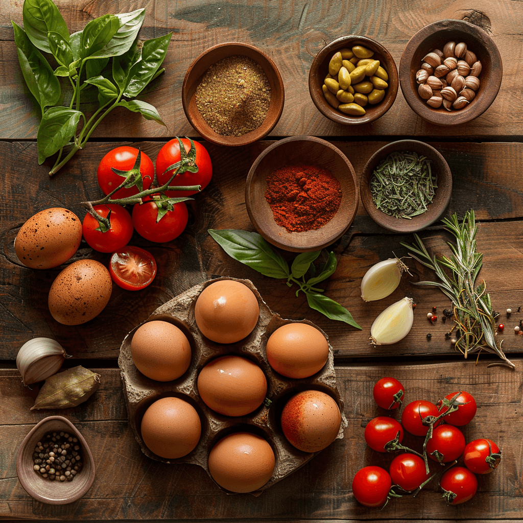A neatly arranged display of fresh eggs, onions, tomatoes, garlic, ginger, curry leaves, and an assortment of Indian spices