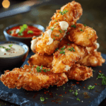 Close-up of crispy Chicken Cheese Fingers served on a plate with dipping sauces
