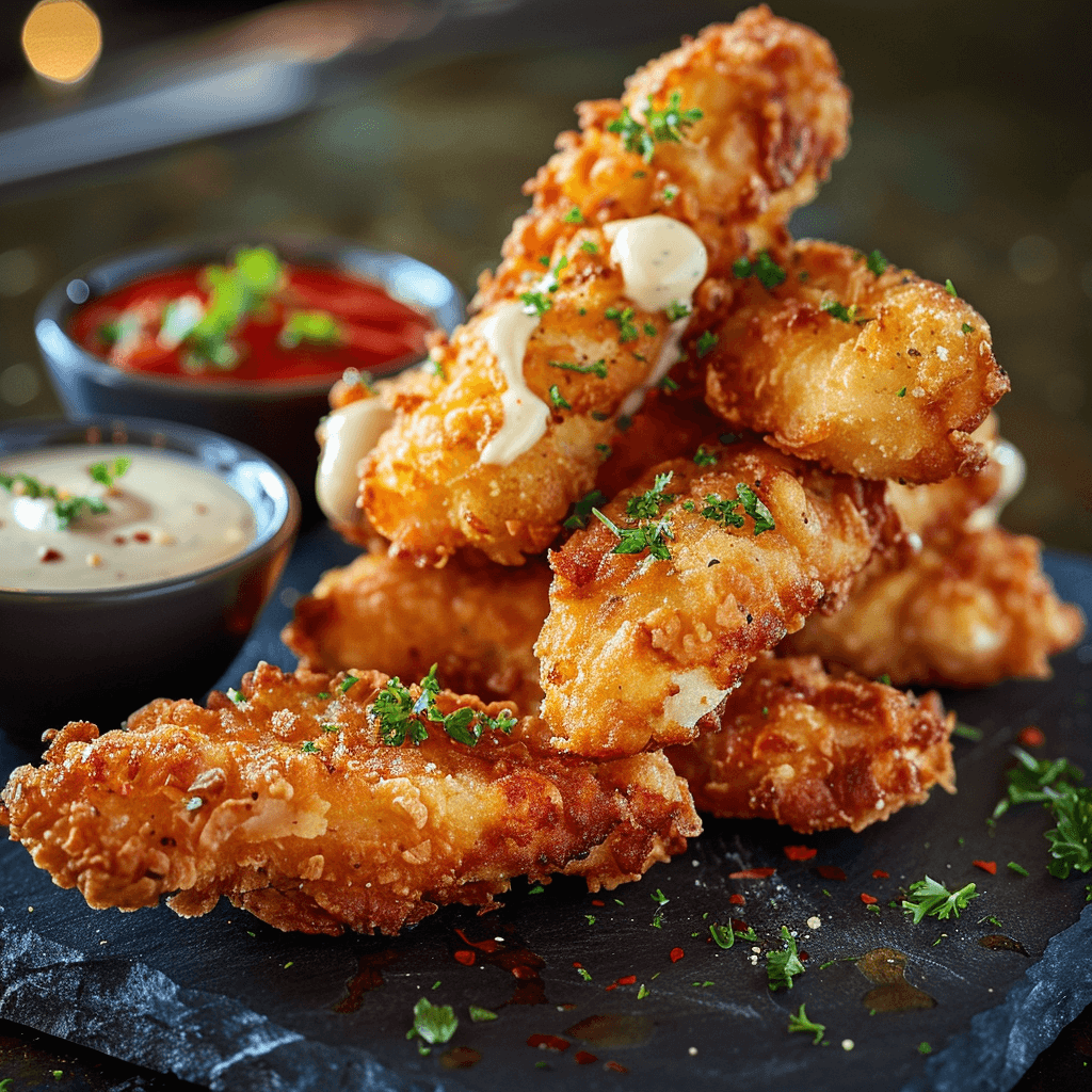 Close-up of crispy Chicken Cheese Fingers served on a plate with dipping sauces