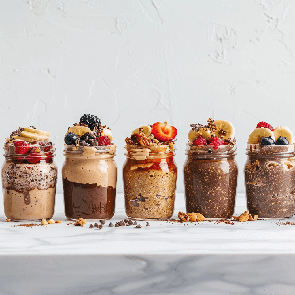 Image showcasing different jars of overnight oats with various toppings and flavorings, such as chocolate, peanut butter, and fruit variations.