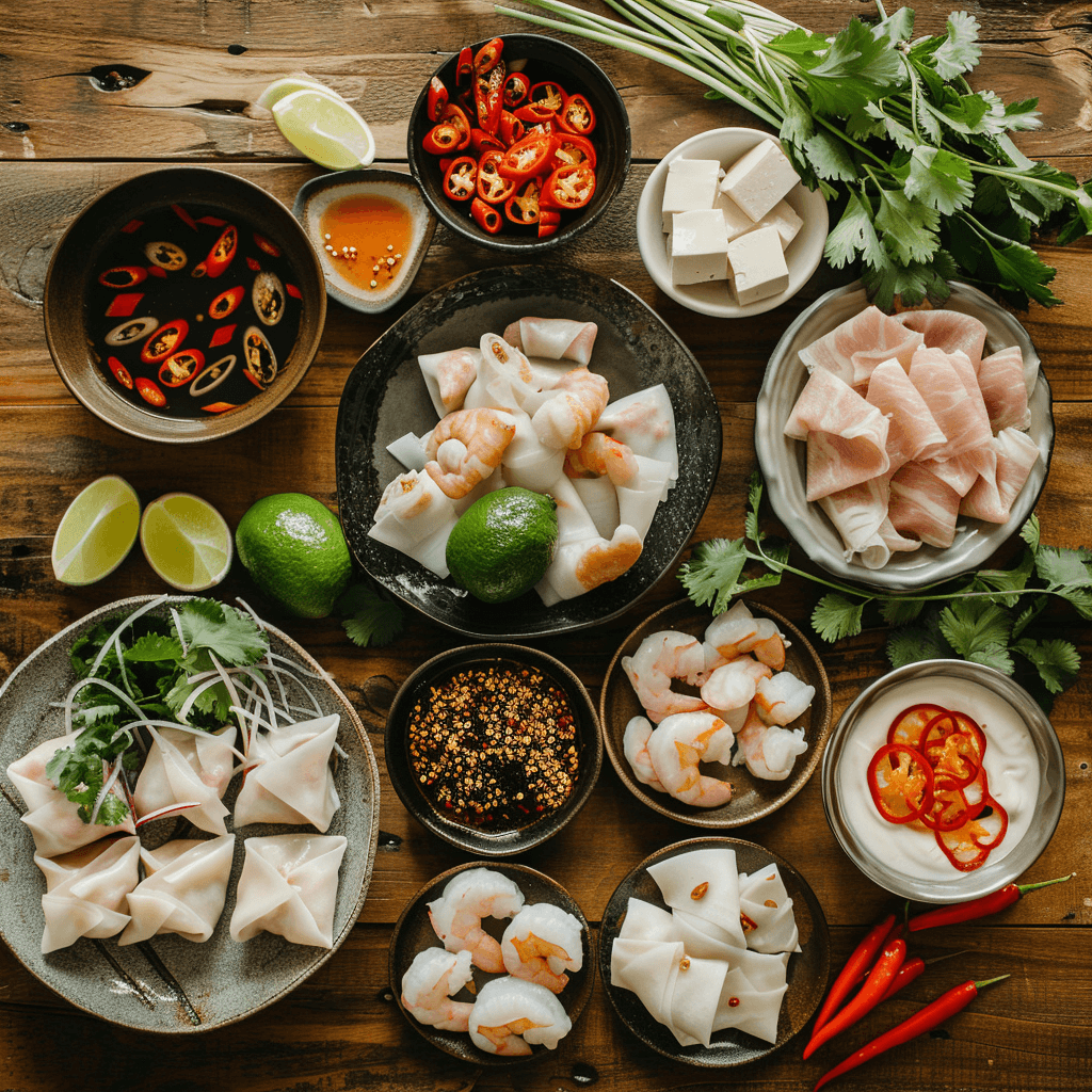 Rice paper dumpling ingredients including rice paper, shrimp, vegetables, and herbs.
