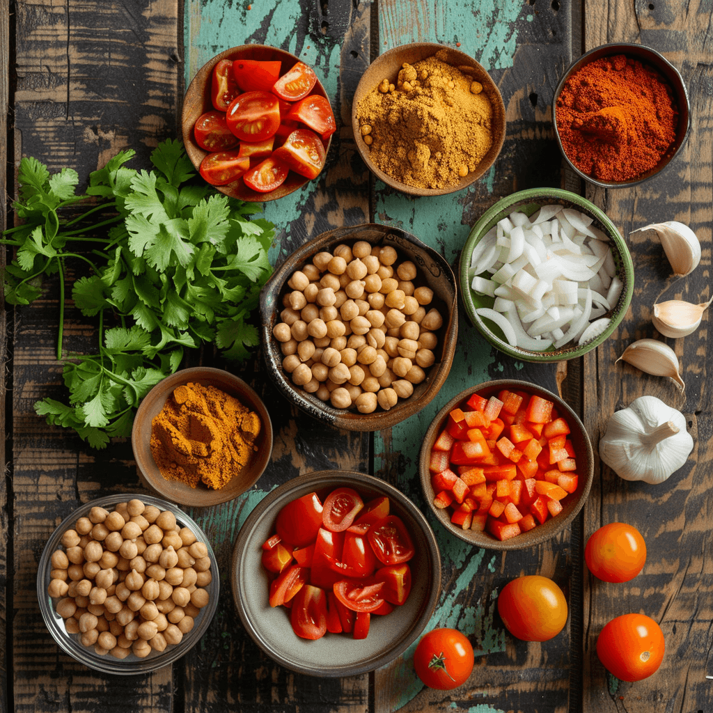 Flat lay of fresh ingredients for Spicy Chickpea Curry including chickpeas, tomatoes, onions, spices, and cilantro.