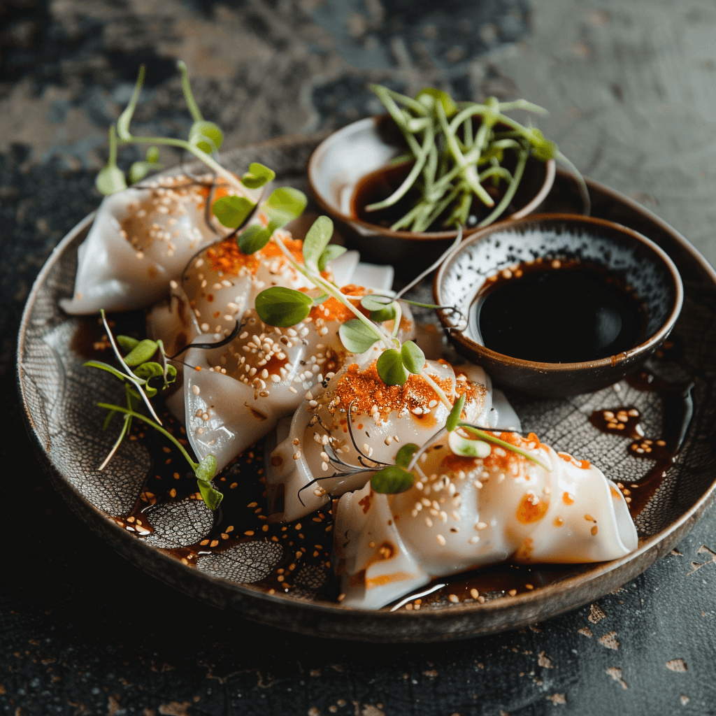 Rice paper dumplings served as appetizer with various dipping sauces