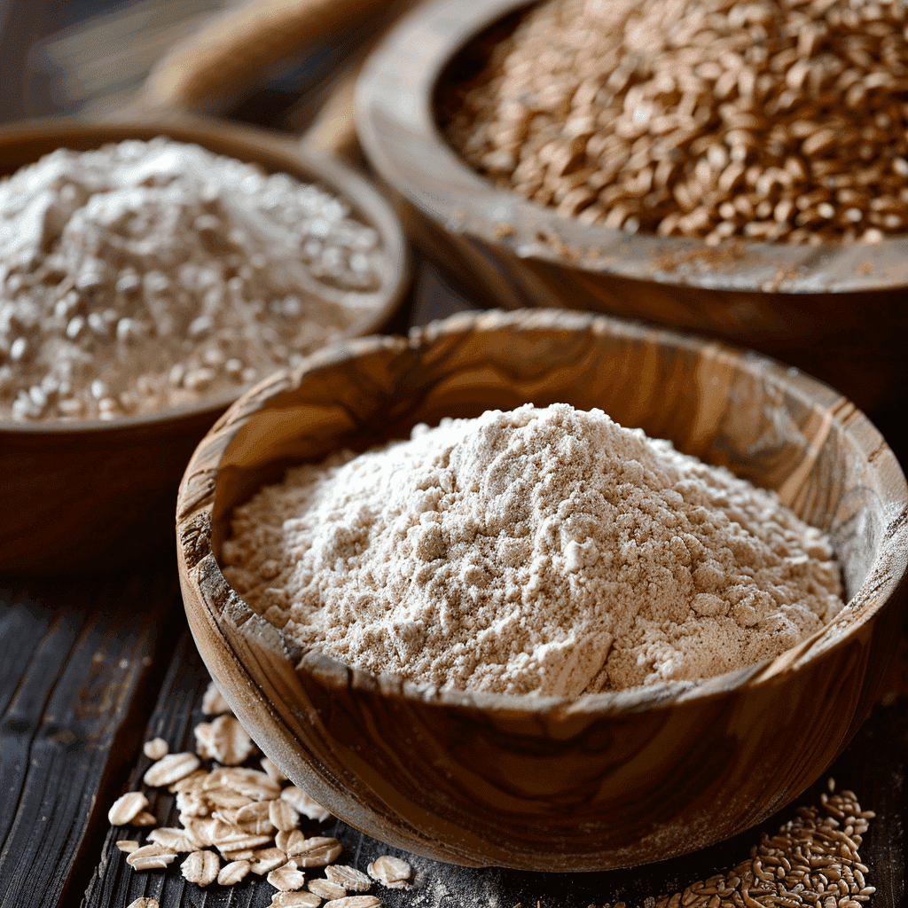 Close up shot of different types of whole grain flours in bowls: whole wheat, rye, spelt, and oats.