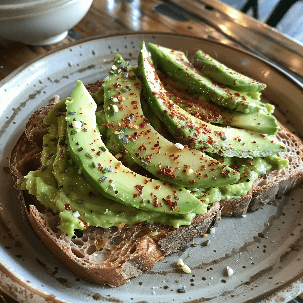 Whole grain toast topped with sliced avocado and a sprinkle of red pepper flakes.