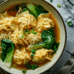 Steaming bowl of homemade wonton noodle soup with vibrant green bok choy and scallions.