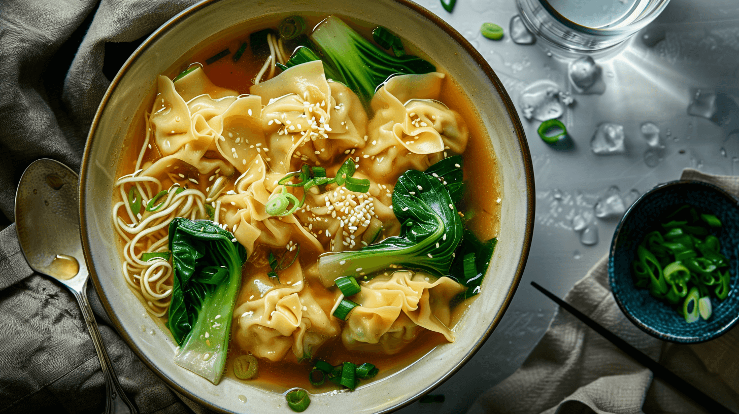 Steaming bowl of homemade wonton noodle soup with vibrant green bok choy and scallions.