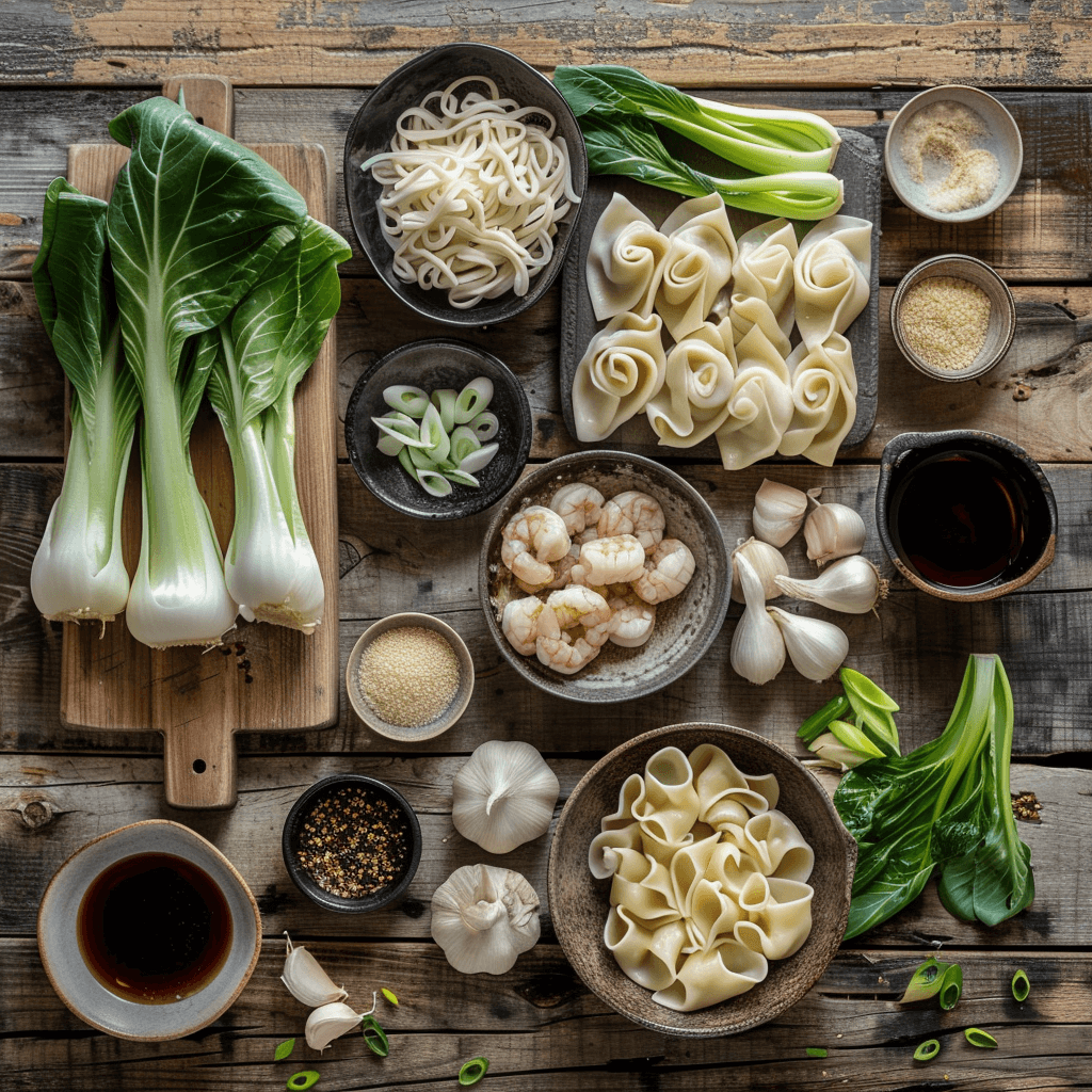 Ingredients for wonton noodle soup laid out on a kitchen counter: wonton wrappers, ground pork, shrimp, bok choy, egg noodles, ginger, garlic, scallions, soy sauce, sesame oil.