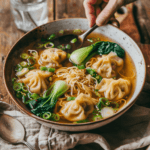 Close up of a served bowl of wonton noodle soup, garnished with fresh scallions and a drizzle of sesame oil, ready to eat.