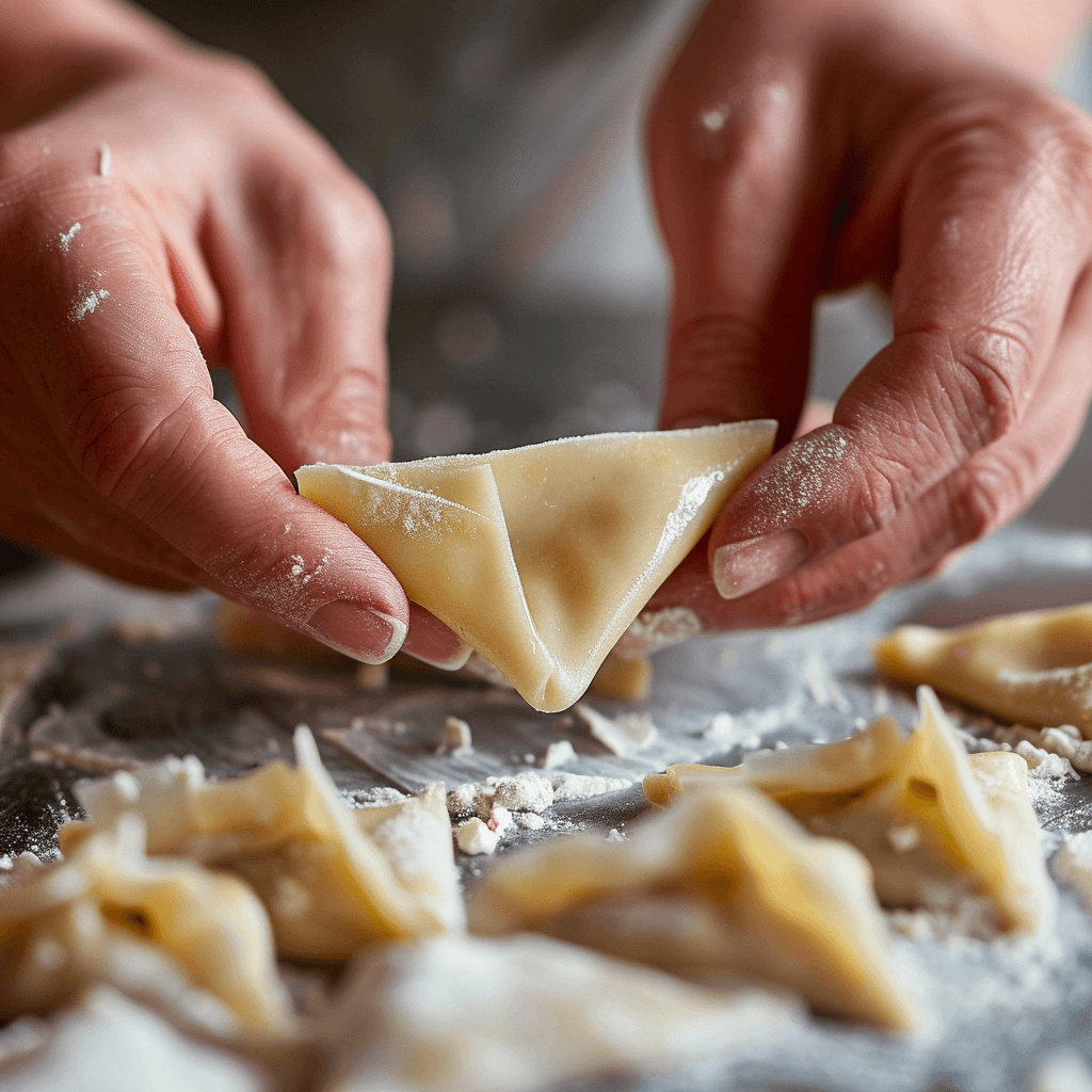 Hands folding a wonton wrapper around a spoonful of filling, demonstrating a simple triangle fold.