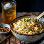 Finished Egg Fried Rice served in a bowl with garnished scallions