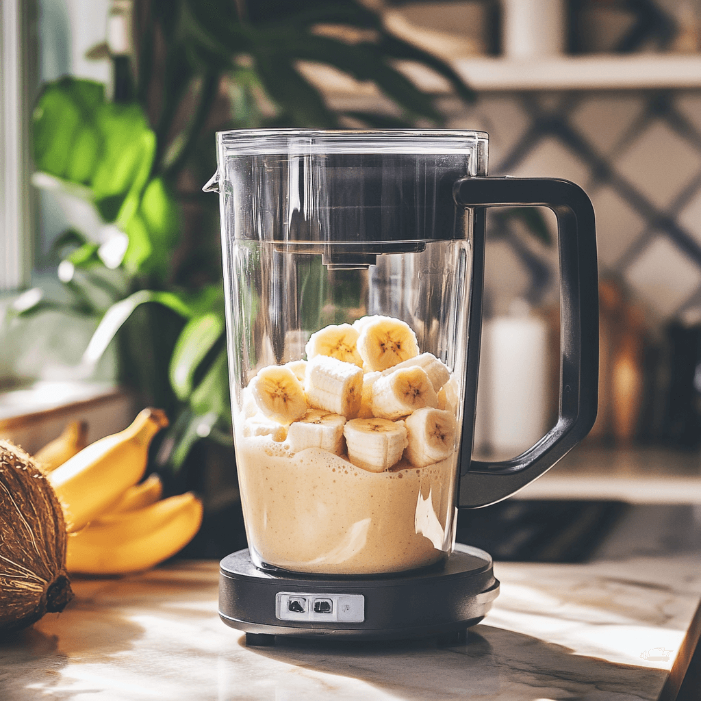 Blender mixing coconut banana smoothie with ice cubes