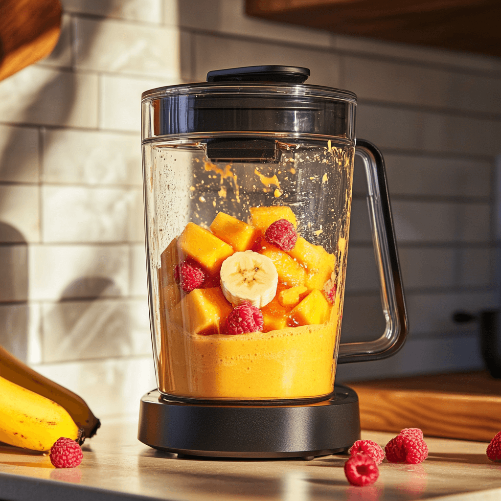 A high-speed blender filled with mango, banana, raspberries, and milk, mid-blend.