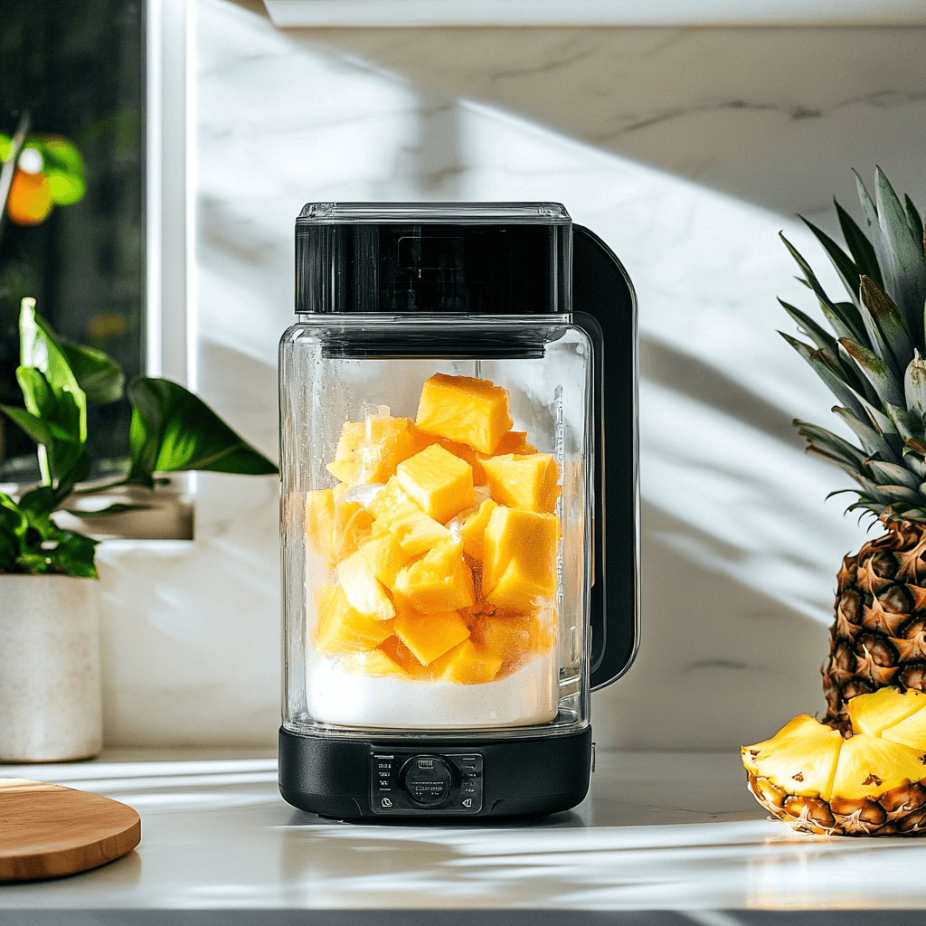 A blender filled with mango, pineapple, and almond milk, mid-blend