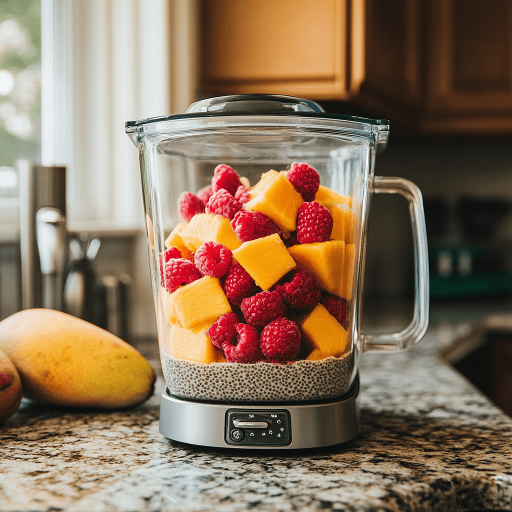 A blender filled with mango, raspberries, and almond milk, mid-blend, with a smooth texture visible.