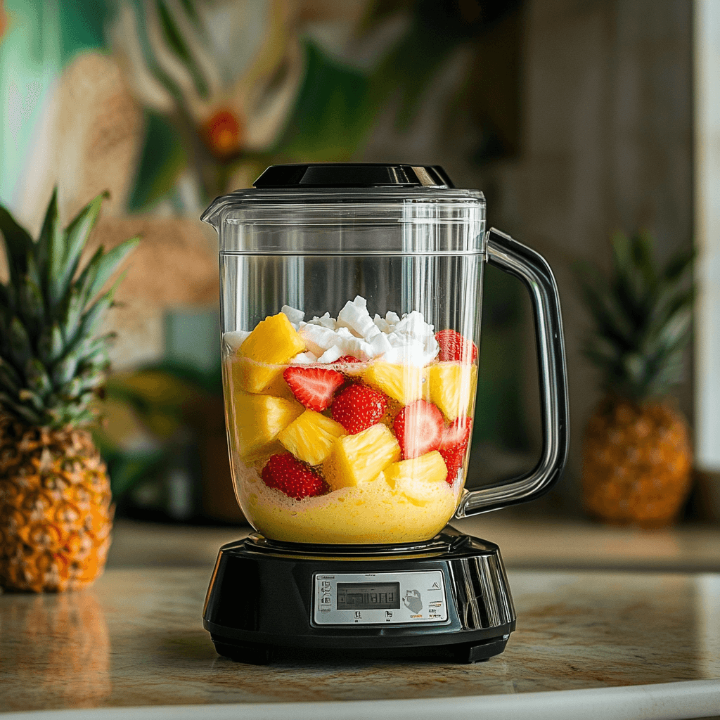 Blender mixing pineapple, strawberries, and coconut cream for a smoothie