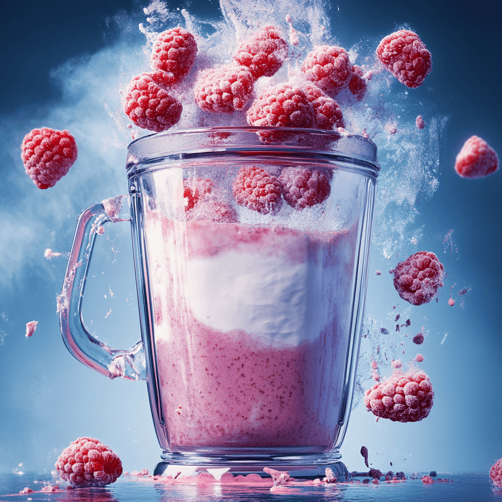 Blender filled with frozen raspberries, yogurt, and almond milk