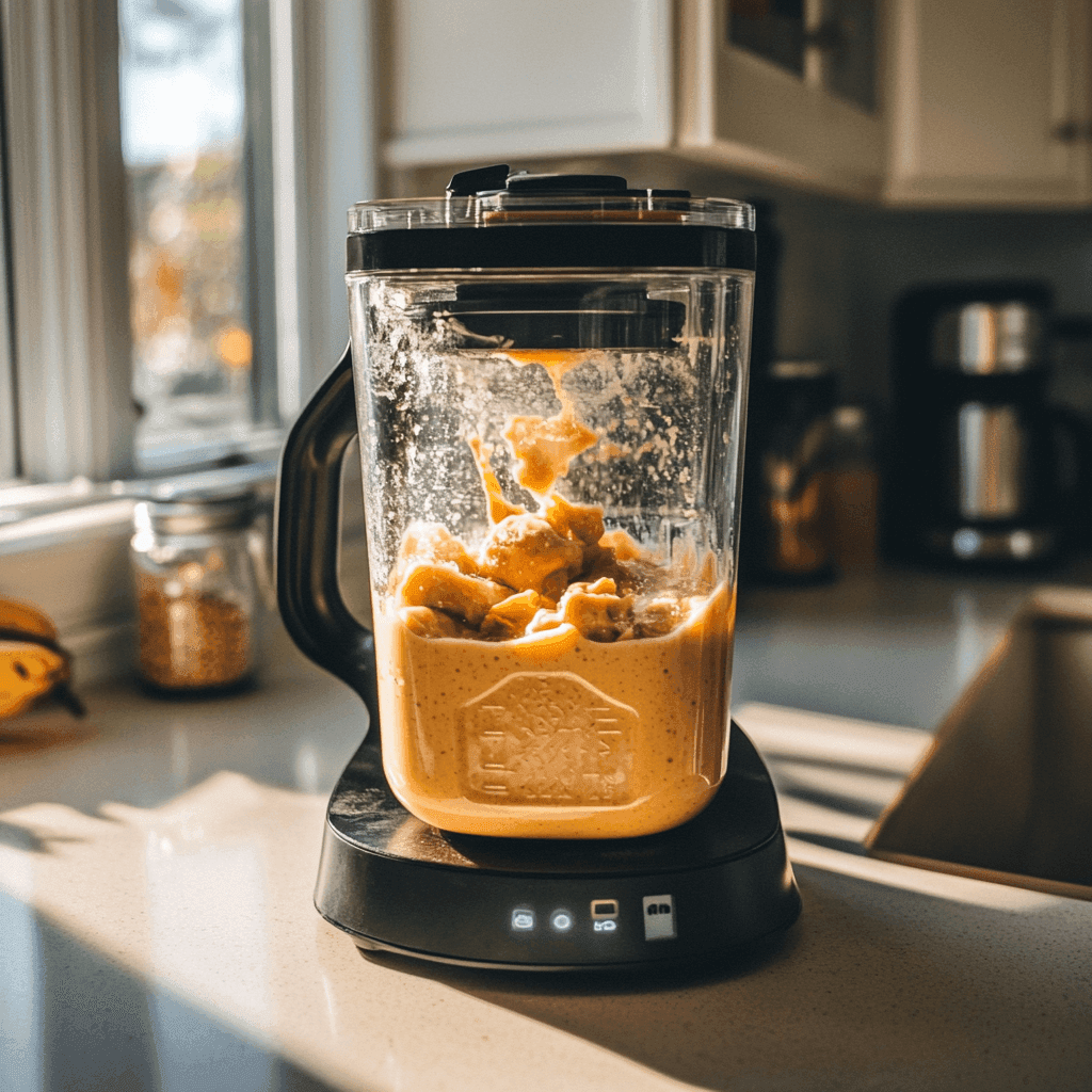 A blender filled with peanut butter, banana, and almond milk, mid-blend.