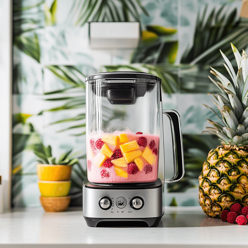 A blender filled with mango, pineapple, raspberries, and coconut milk, mid-blend.