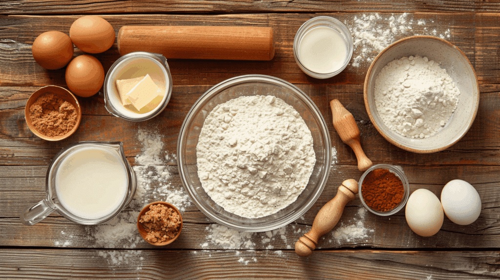 Ingredients for cinnamon roll dough: flour, yeast, sugar, milk, butter
