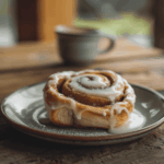 Close up of a frosted and gooey homemade cinnamon roll
