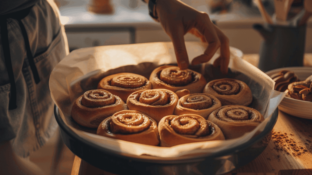 Shaping homemade cinnamon rolls and placing in baking pan