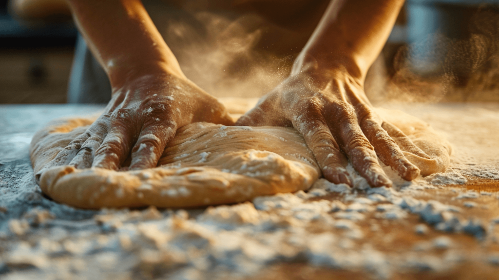Rolling out dough for homemade cinnamon rolls with rolling pin