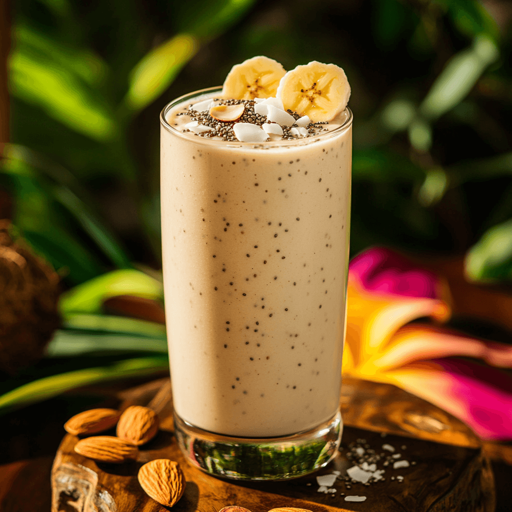 Coconut banana smoothie in a glass with chia seeds and almond slices