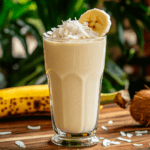 A tall glass filled with a coconut banana smoothie, topped with shredded coconut and a banana slice.