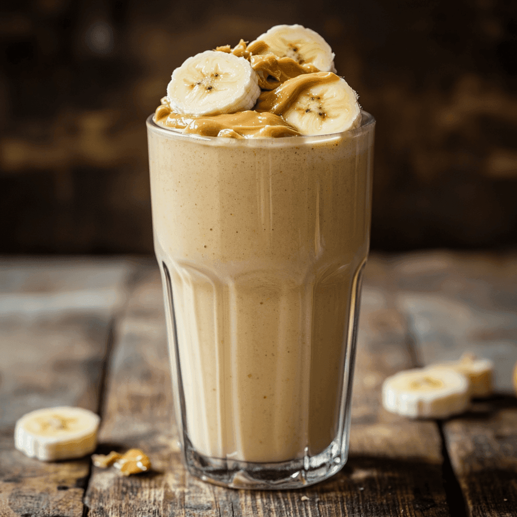A creamy peanut butter banana smoothie in a tall glass, topped with a drizzle of peanut butter and banana slices.