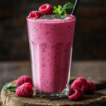 A creamy raspberry smoothie without yogurt served in a tall glass with fresh raspberries on top.
