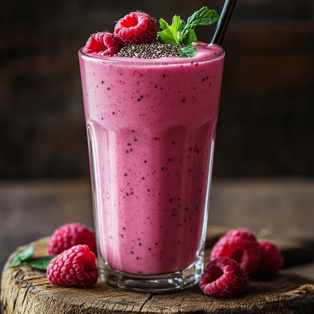 A creamy raspberry smoothie without yogurt served in a tall glass with fresh raspberries on top.