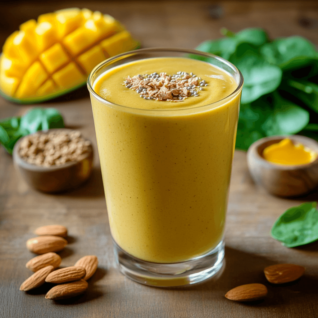 Protein powder, nut butter, and leafy greens arranged next to a glass of smoothie.