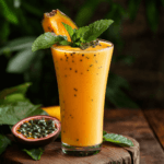A cool passion fruit and papaya smoothie in a tall glass, garnished with fresh mint and a papaya slice.