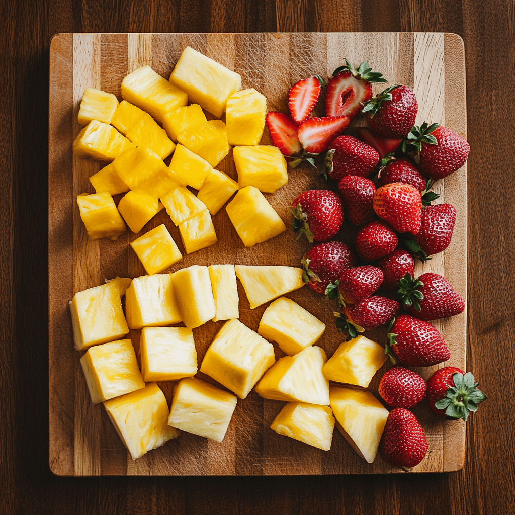 Fresh guava, pineapple, and strawberries arranged on a cutting board