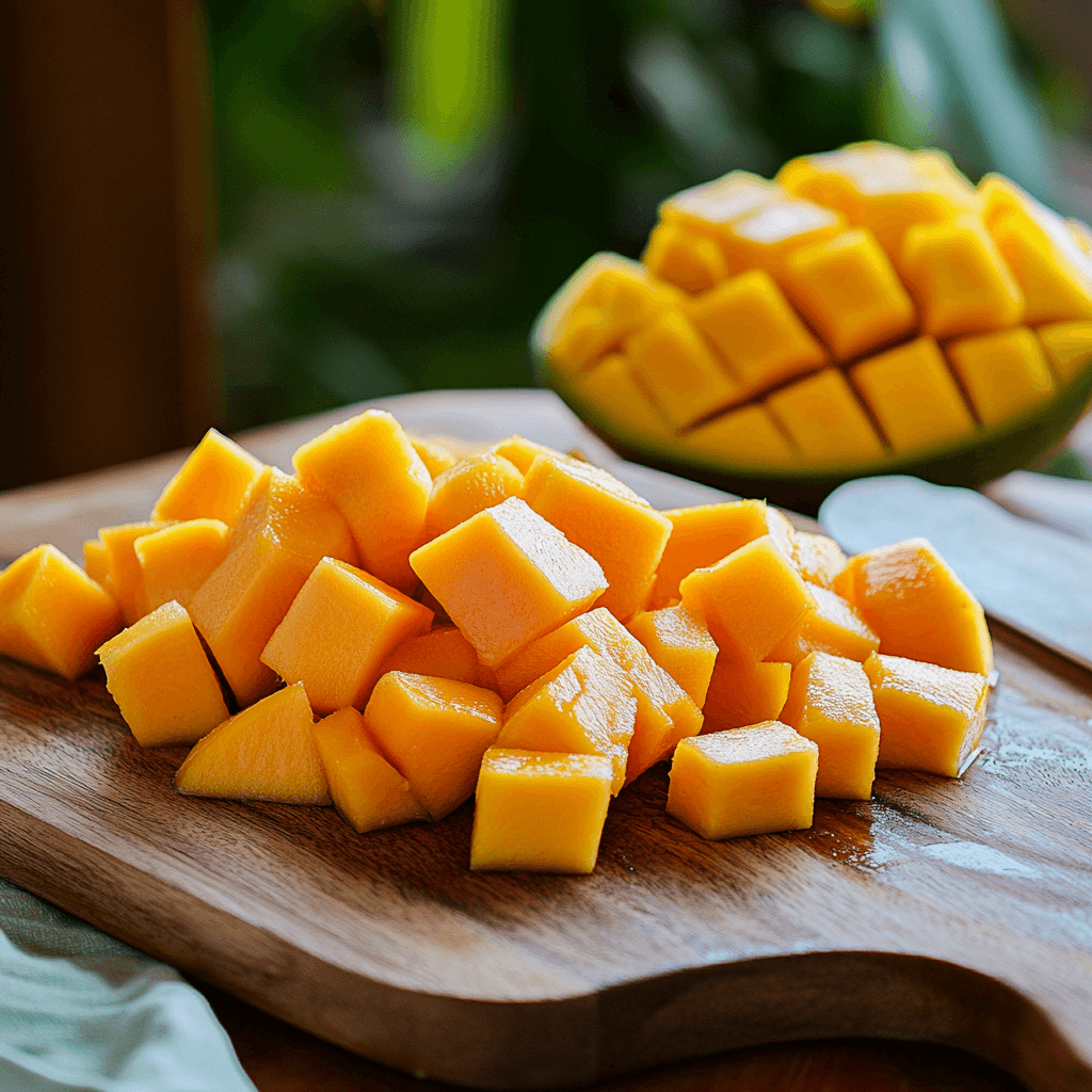 Freshly chopped papaya and mango pieces ready for blending.