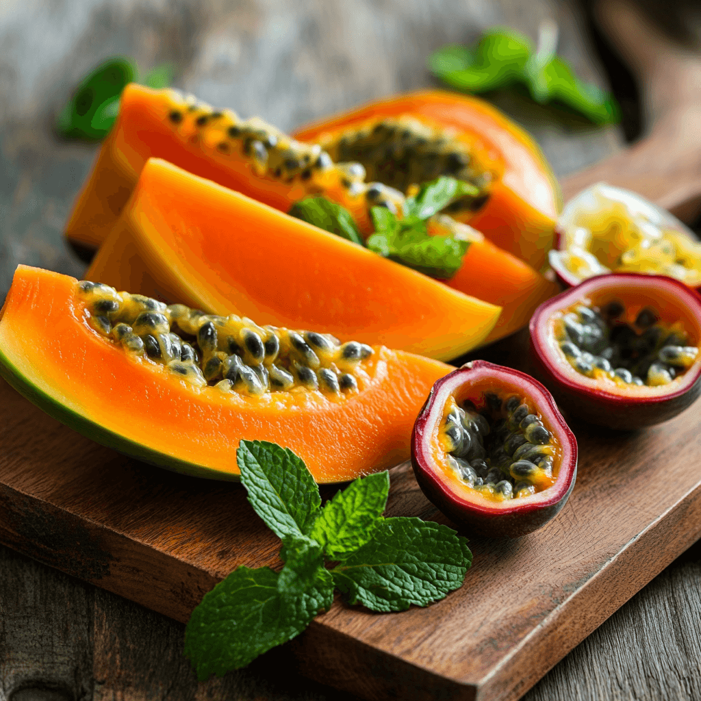 Fresh papaya, passion fruit, and mint leaves arranged on a cutting board.