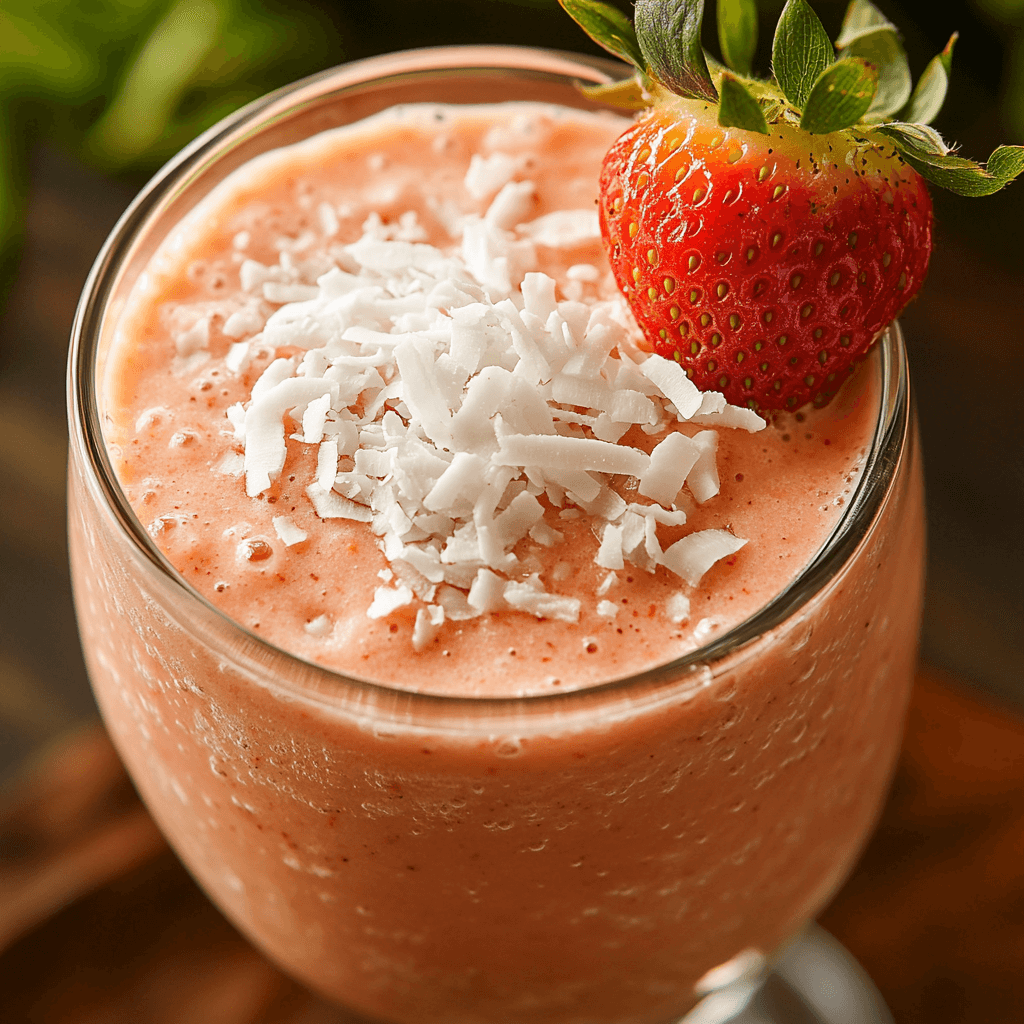 Paradise Smoothie garnished with shredded coconut and a strawberry