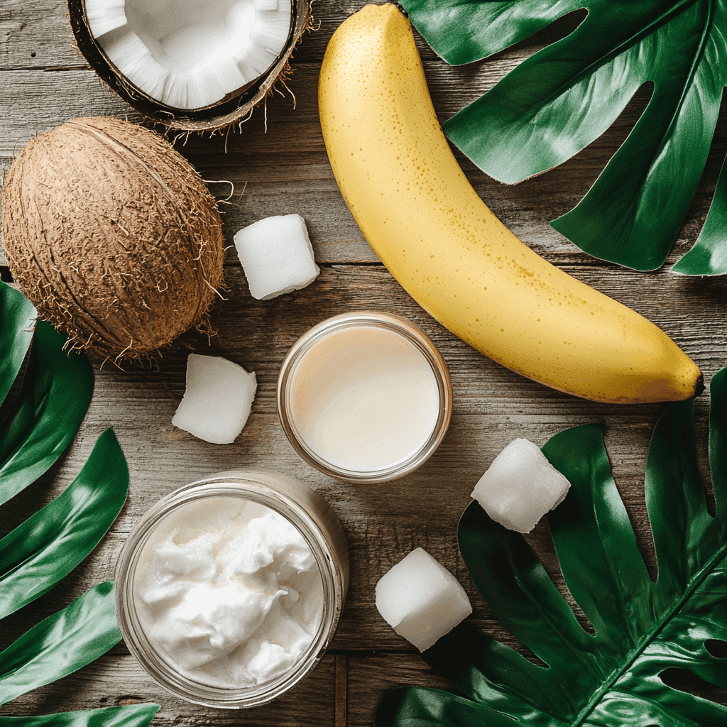 Fresh ingredients for coconut banana smoothie: banana, coconut milk, coconut cream, and ice cubes
