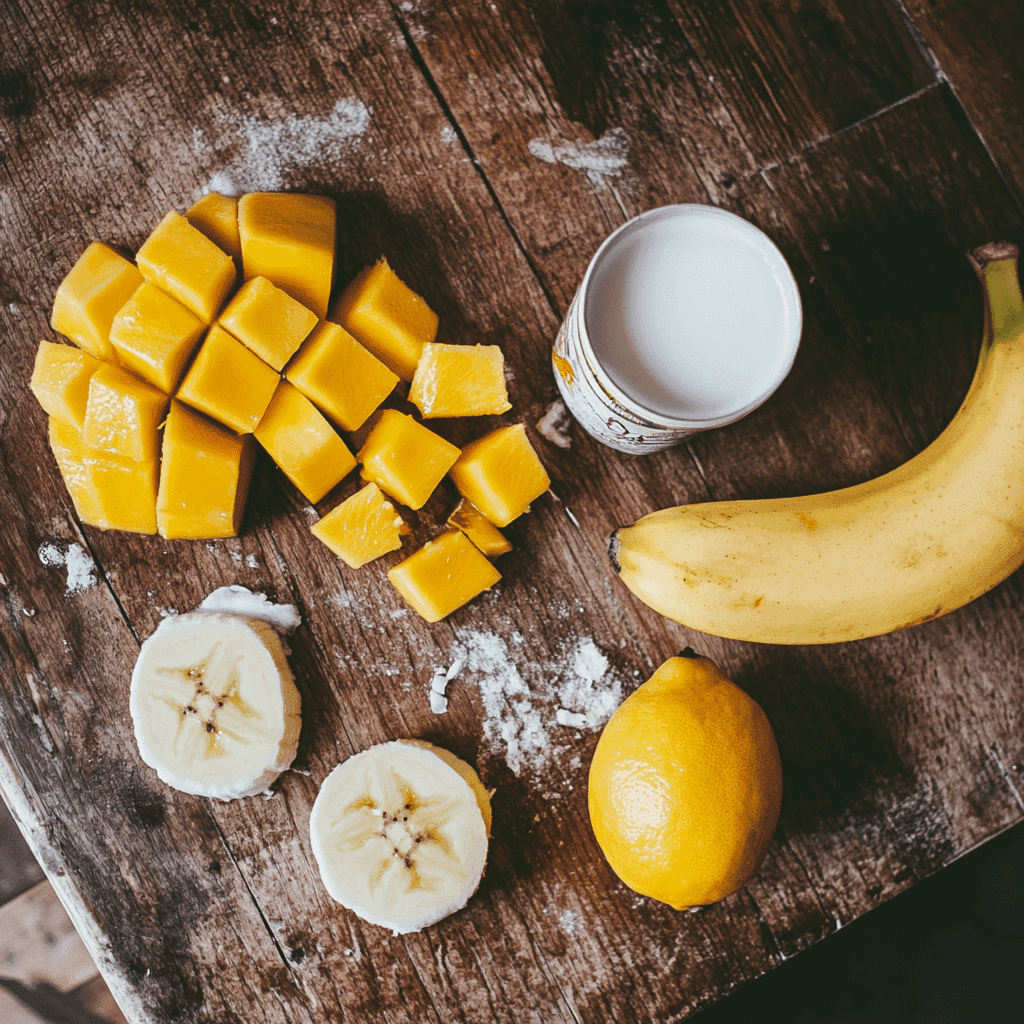 Fresh mango, banana, coconut milk, and lemon juice arranged on a kitchen counter.