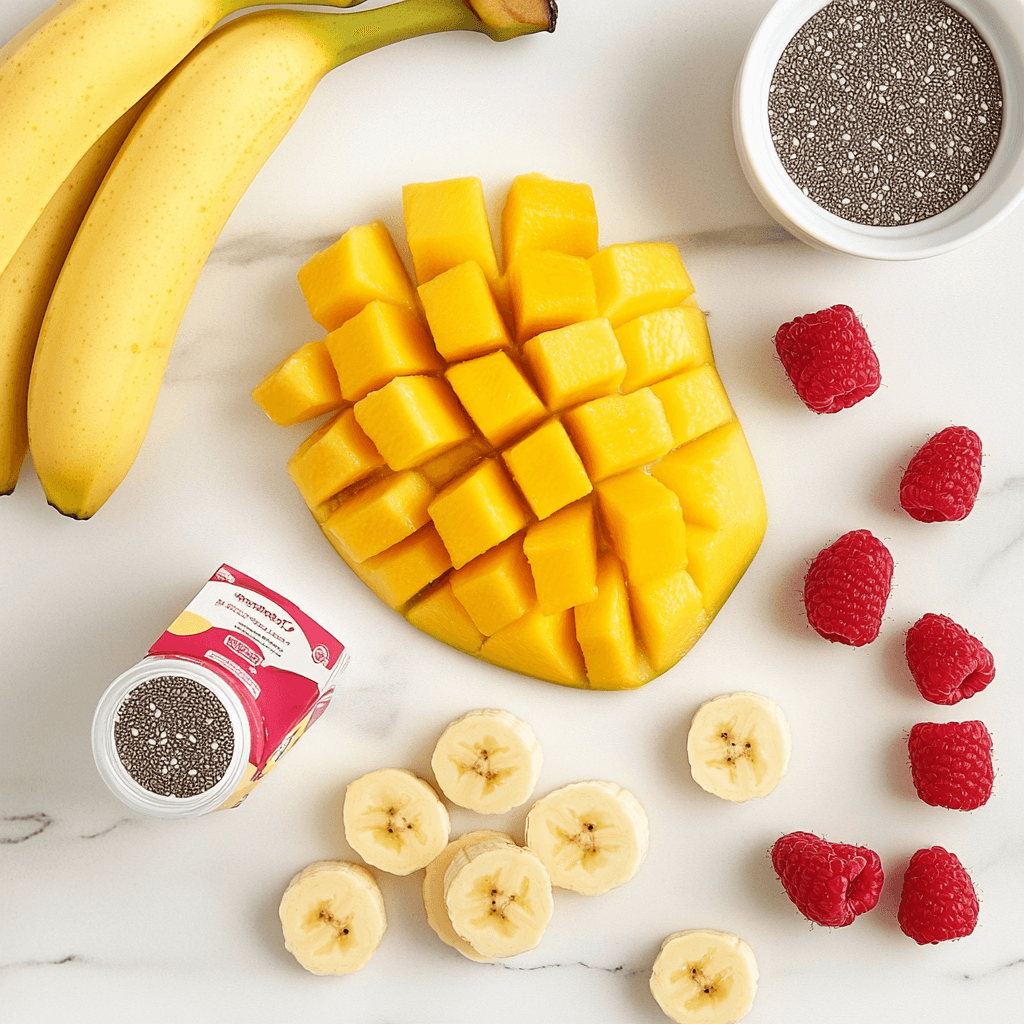 Fresh ingredients for a mango banana raspberry smoothie, including mango chunks, bananas, raspberries, and plant-based milk.