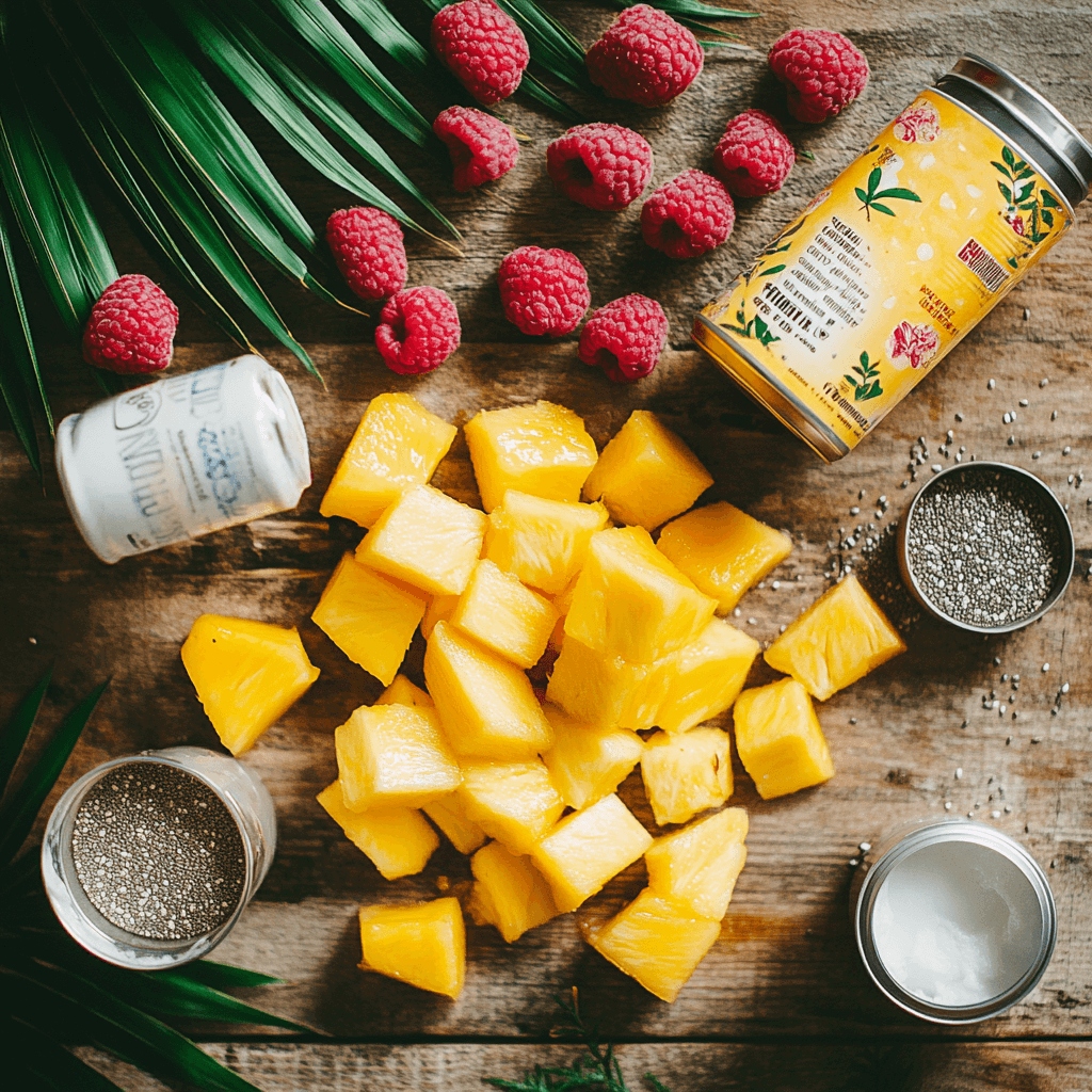 Fresh and frozen ingredients for a mango pineapple raspberry smoothie laid out on a counter.