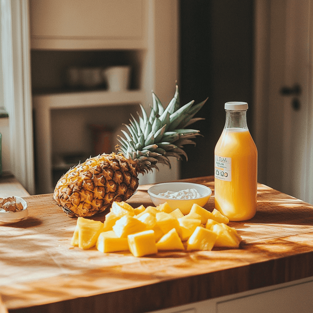 Fresh mango, pineapple, almond milk, Greek yogurt, and pineapple juice arranged on a kitchen counter