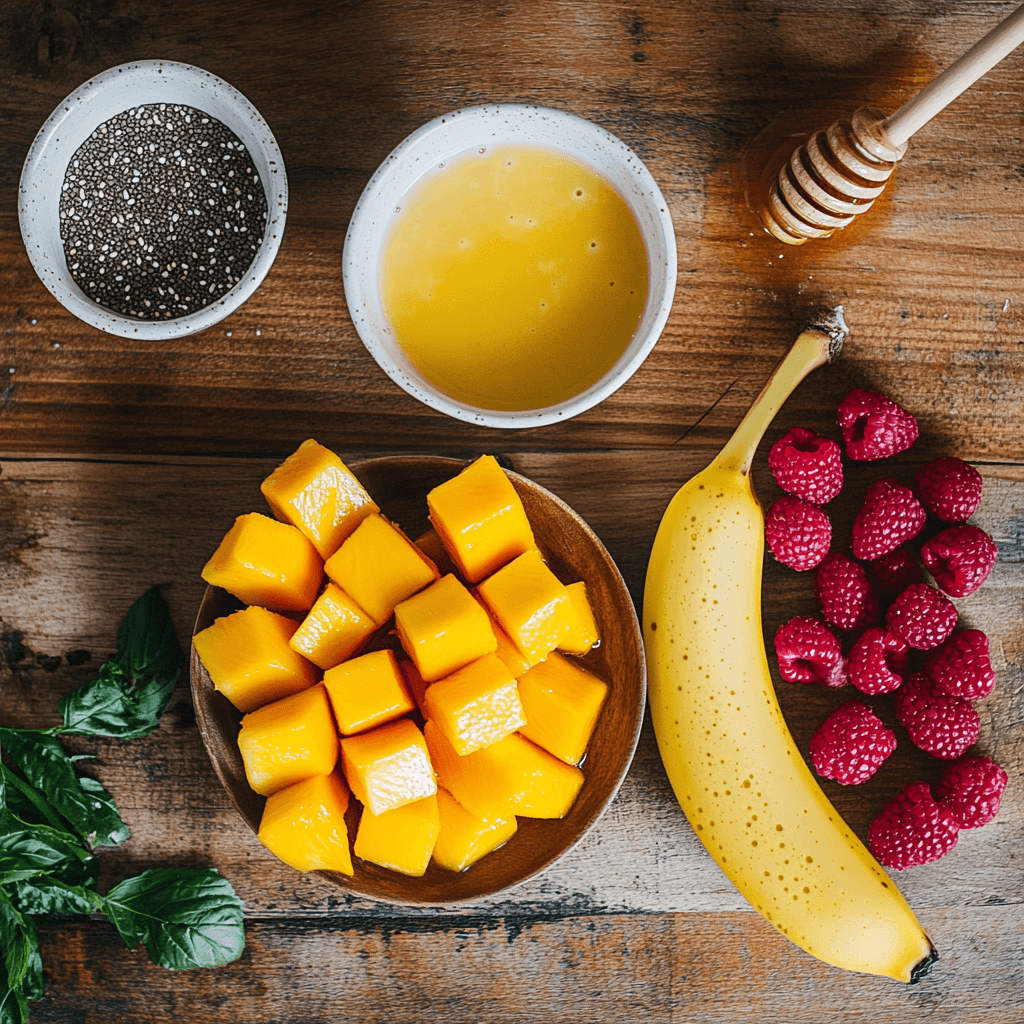 Fresh mango chunks, raspberries, banana, almond milk, chia seeds, and honey arranged neatly on a kitchen counter.